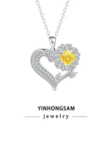 Women's Heart Sunflower Necklace, Elegant Low Allergy Jewelry, Gift for Mom with Box, Mother's Day Present, Metal Plated Gold Chain