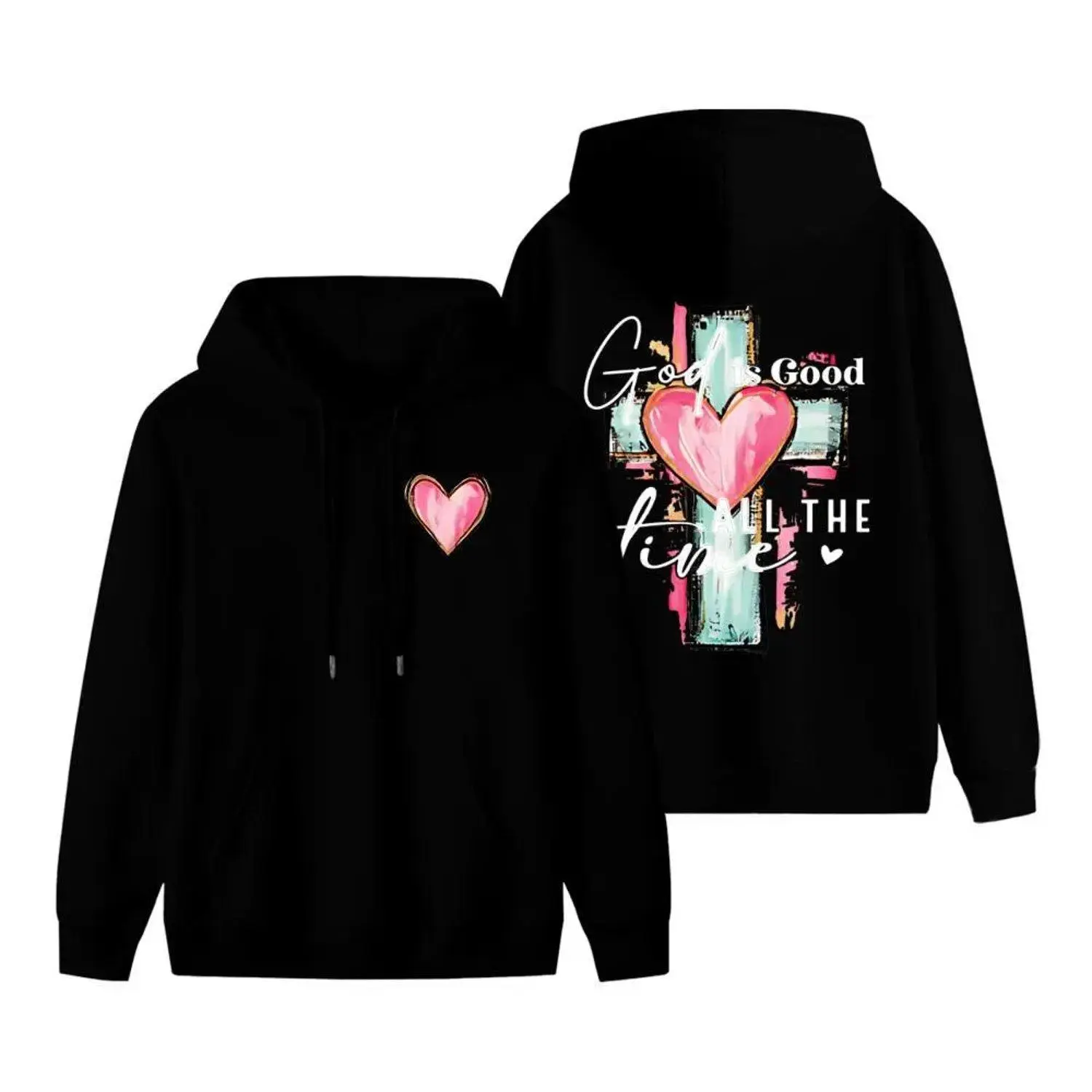 Oversized Hoodie Sweatshirt for Christians God Is Good Religious Garment Style Clothes with Brushstroke Cross Matching Graphic Varsity Tee Fit Print Smooth Everyday Long Sleeve Vibe Tops