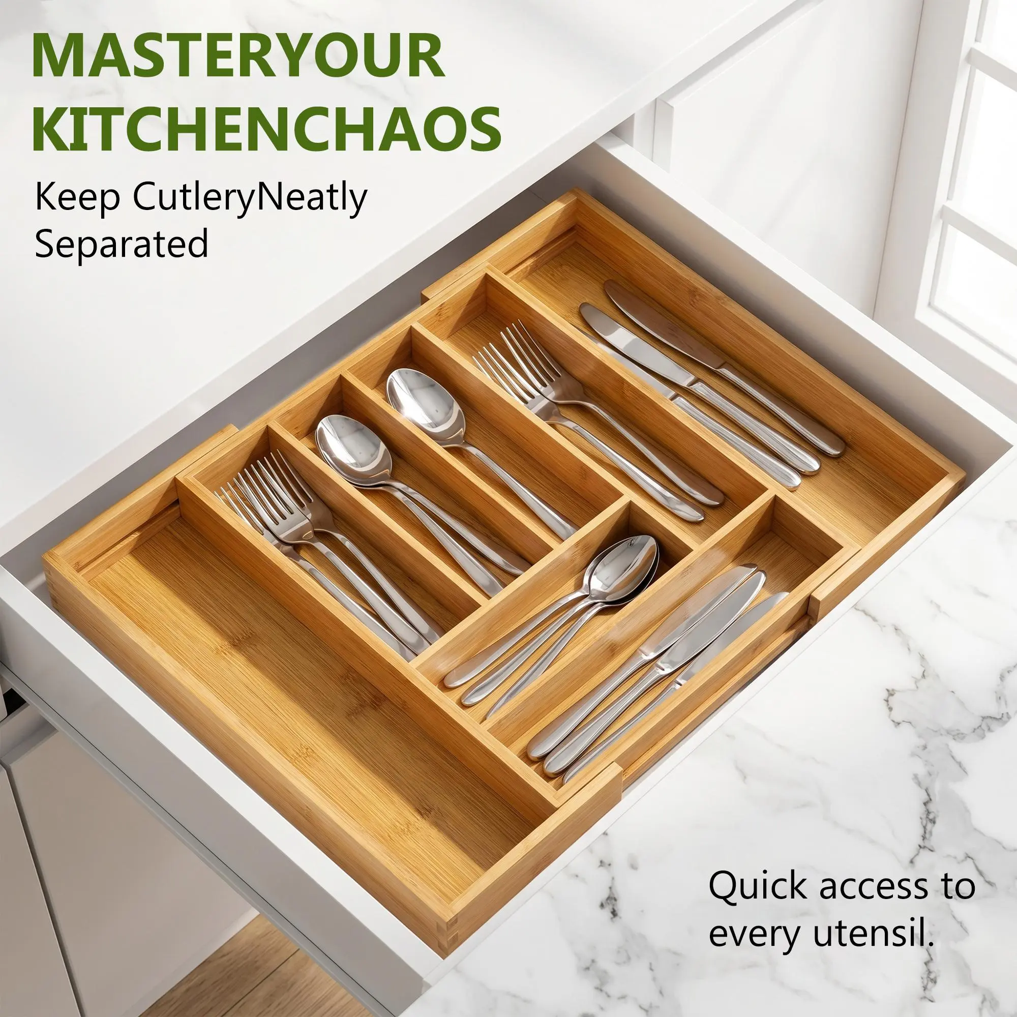Expandable Bamboo Drawer Organizer, Adjustable Cutlery Tray for Kitchen Utensils, Silverware & Office Supplies