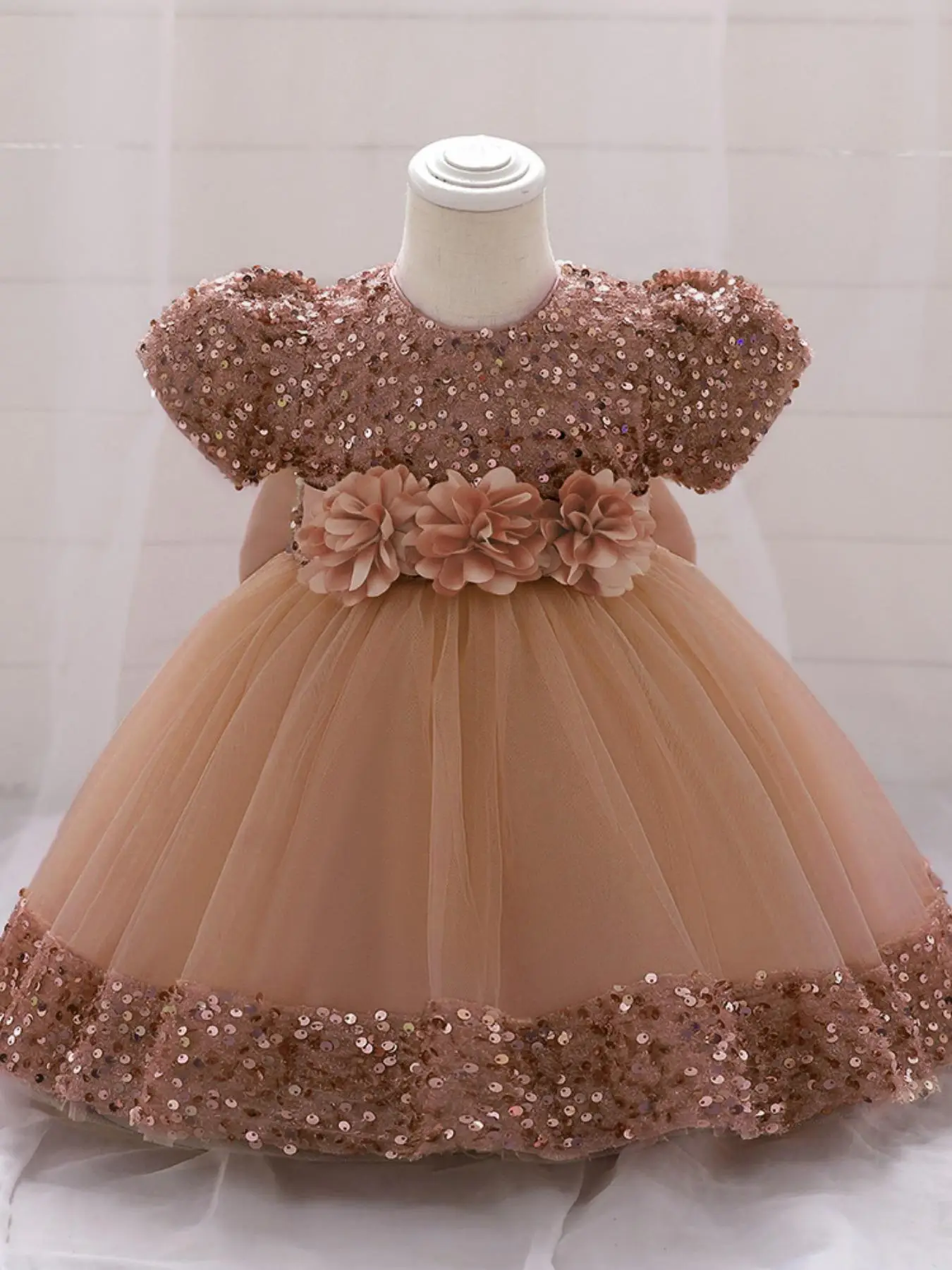 Toddler Girl's Glitter Sequins Flower Decor Formal Dress, Elegant Round Neck Tulle Dress for Party Wedding Guest, Kids Clothes for All Seasons