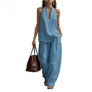 Boho Linen Two Piece Set - Perfect for Beach, Vacation & Brunch! Halter Neck Sleeveless Top Wide Leg Pants Set # TwoPieceSet # LinenSet # WideLegPants # HalterNeck # SummerOutfit # BohoFashion # CasualWear # Outfit of the Day # WomensFashion