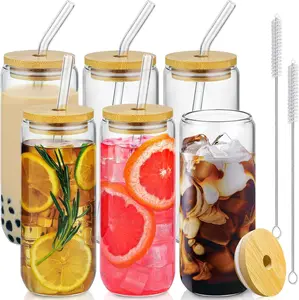 20 Oz Drinking Glasses with Bamboo Lids and Glass Straw - 6 Pcs Can Shaped Glass Cups Beer & Ice Coffee Glasses Cute Tumbler Cup Great for Soda Boba Tea Cocktail Include 2 Cleaning Brushes Drinkware Set Bottle