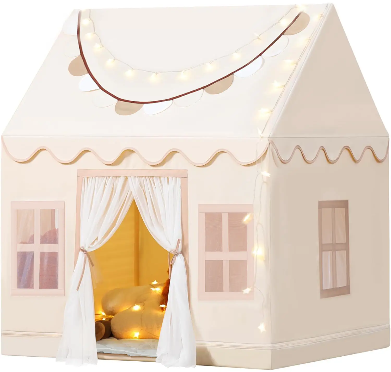 Sumbababy Play Tent for 4-12 Kids Washable Large Playhouse Indoor Outdoor Fun Gold Tent with Mat, Star Lights, Banner Perfect Gift Toys