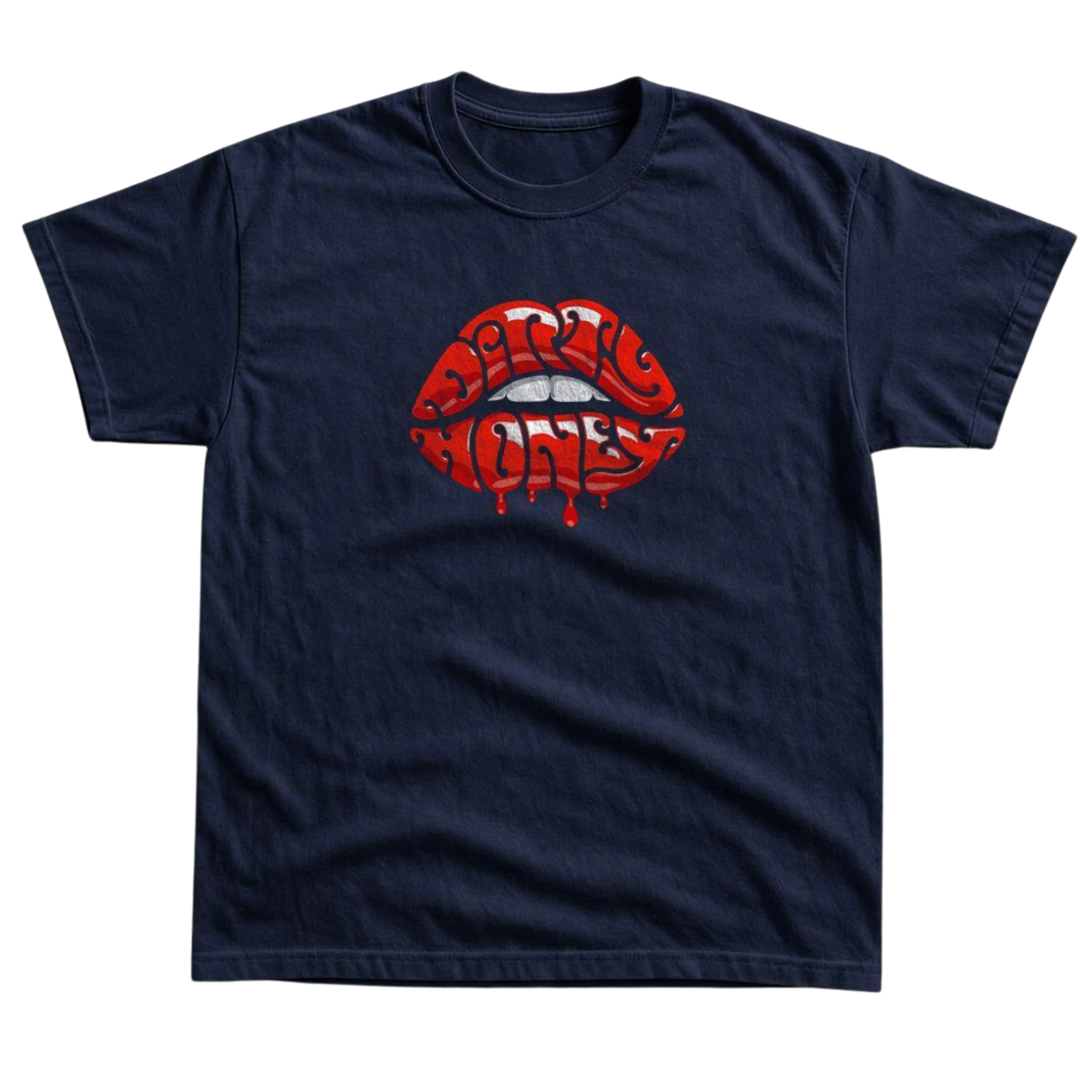Gildan Men's and Women's T-shirt, Vintage Style Dirty Honey Lips Graphic Tee, Glossy Red Dripping Lips, Typography Lettering Teeth, Modern Hard Rock Band Merch, Blues Rock Concert Apparel, Y2K Retro Grunge Streetwear, Unisex Top.