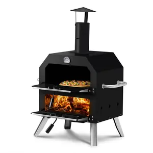 Outdoor Wood Fired Pizza Oven with Pizza Stone and Removable Cooking Rack for Backyard Camping BBQ Portable 2 Layer Design