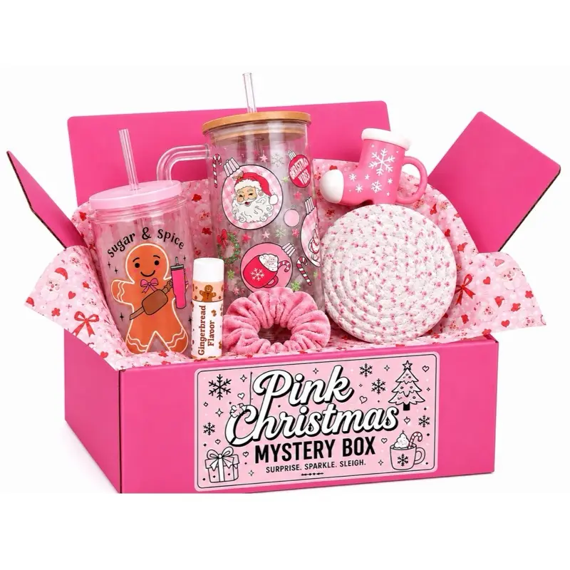 Pink Christmas Mystery Box -Kitchen Drinkware Set - 40 oz Tumbler with Lid, 16 oz Libby Glass Can, Bamboo Coffee Glass, Reusable Mug, Coaster, Straw - Ideal for Christmas Gifts