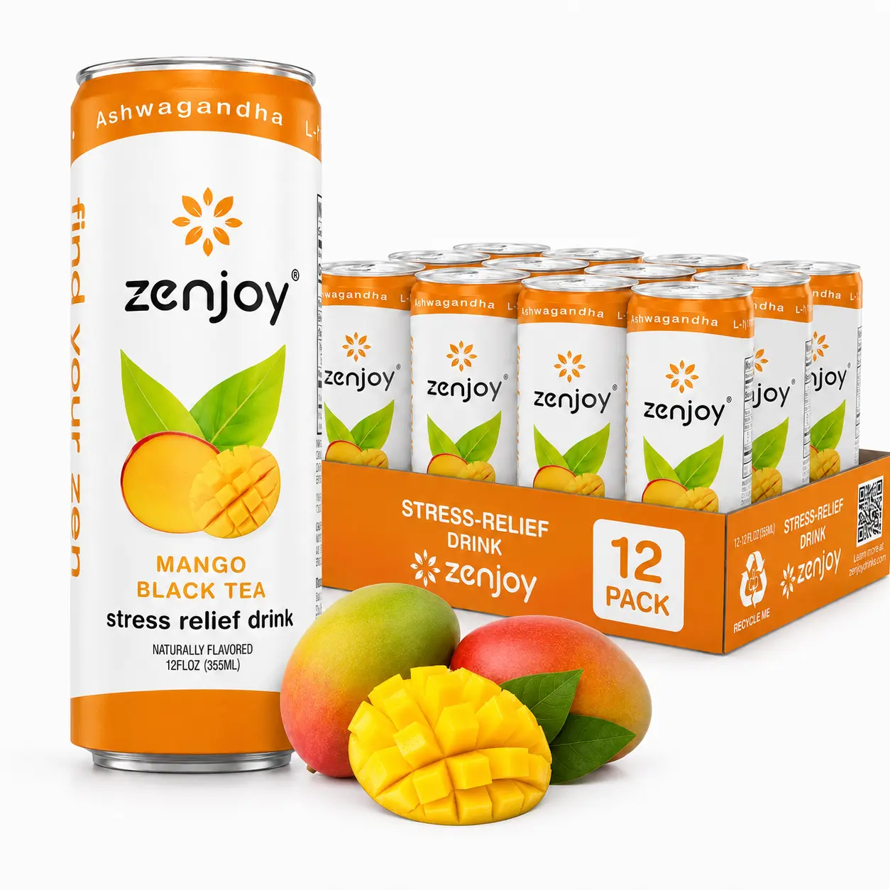 Zenjoy Stress Relief Drink, Calming Mango Black Tea, Non Alcoholic, Ashwagandha & Lemon Balm for Anxiety Relief, L - Theanine for Focus (12pk)