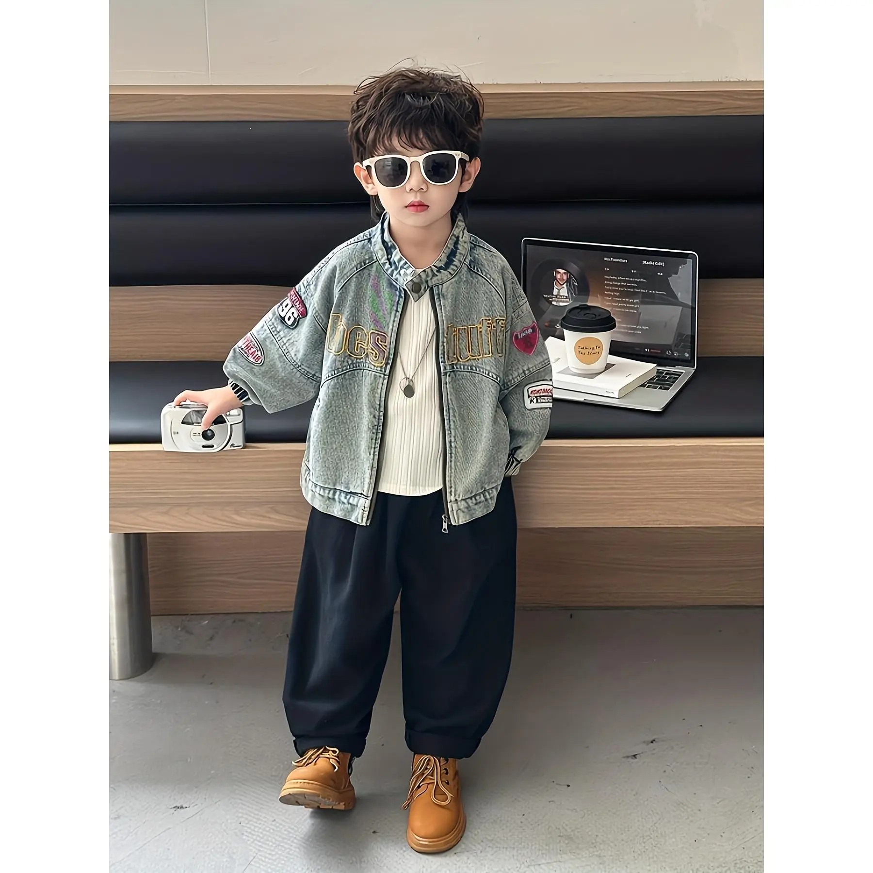 Korean-style Versatile Fashionable Cool Cute Outdoor Denim Jacket for Boys and Toddlers, American Vintage Design, New Autumn Style, Embroidery, Long Sleeve Shirt, Alphabet, Denim Blend, Boys Wear, Embroidered Letters, Loose Cut
