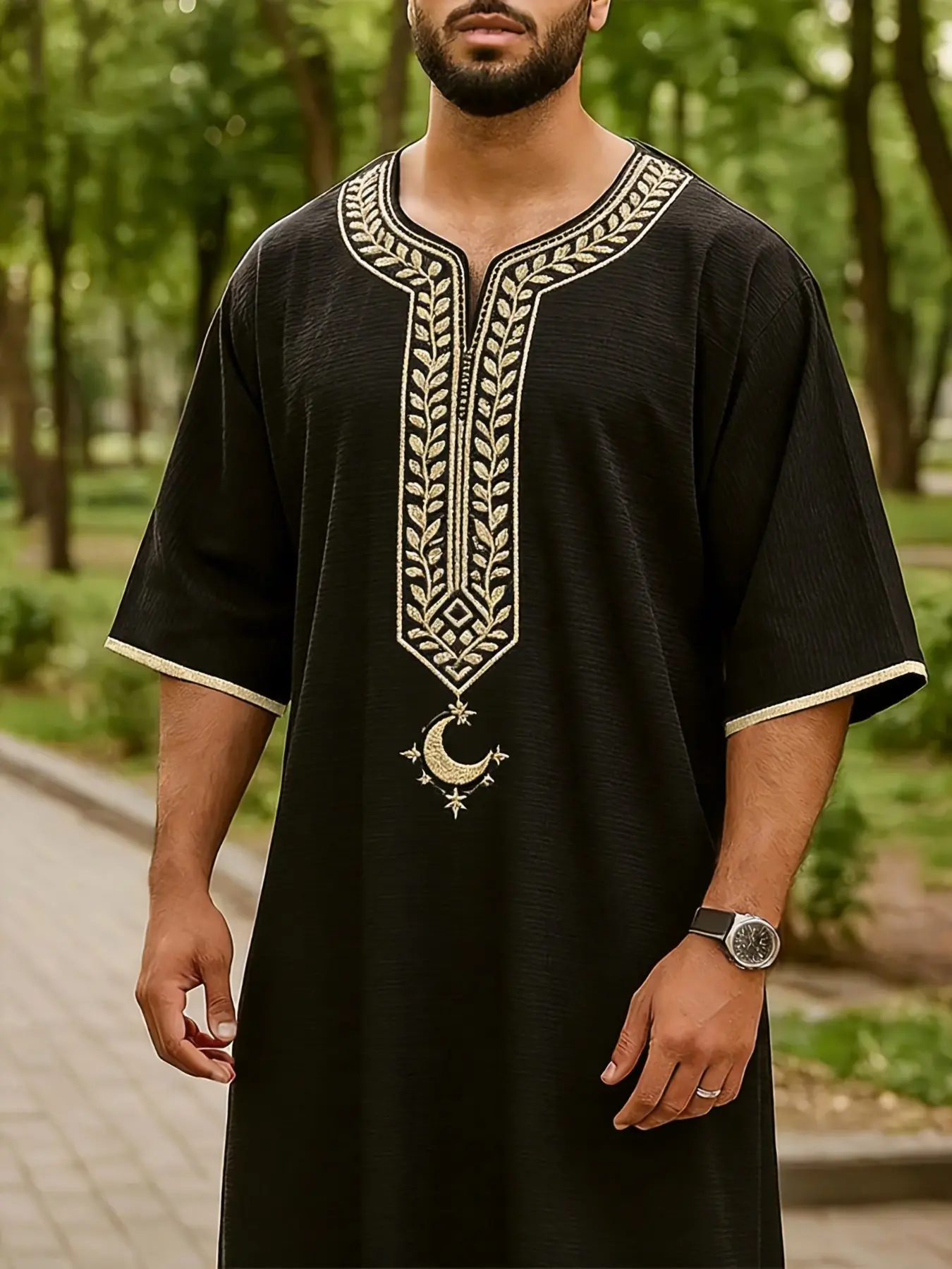 Classic Muslim men's Thobes Arabic Thobe Arab Thobe Moroccan style ethnic style embroidered Islamic men's clothing for all seasons, festivals, Ramadan gifts, men's prayer abaya