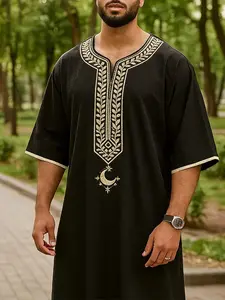 Classic Muslim men's Thobes Moroccan style ethnic style embroidered Islamic men's clothing for all seasons, festivals, Ramadan gifts, men's prayer abaya