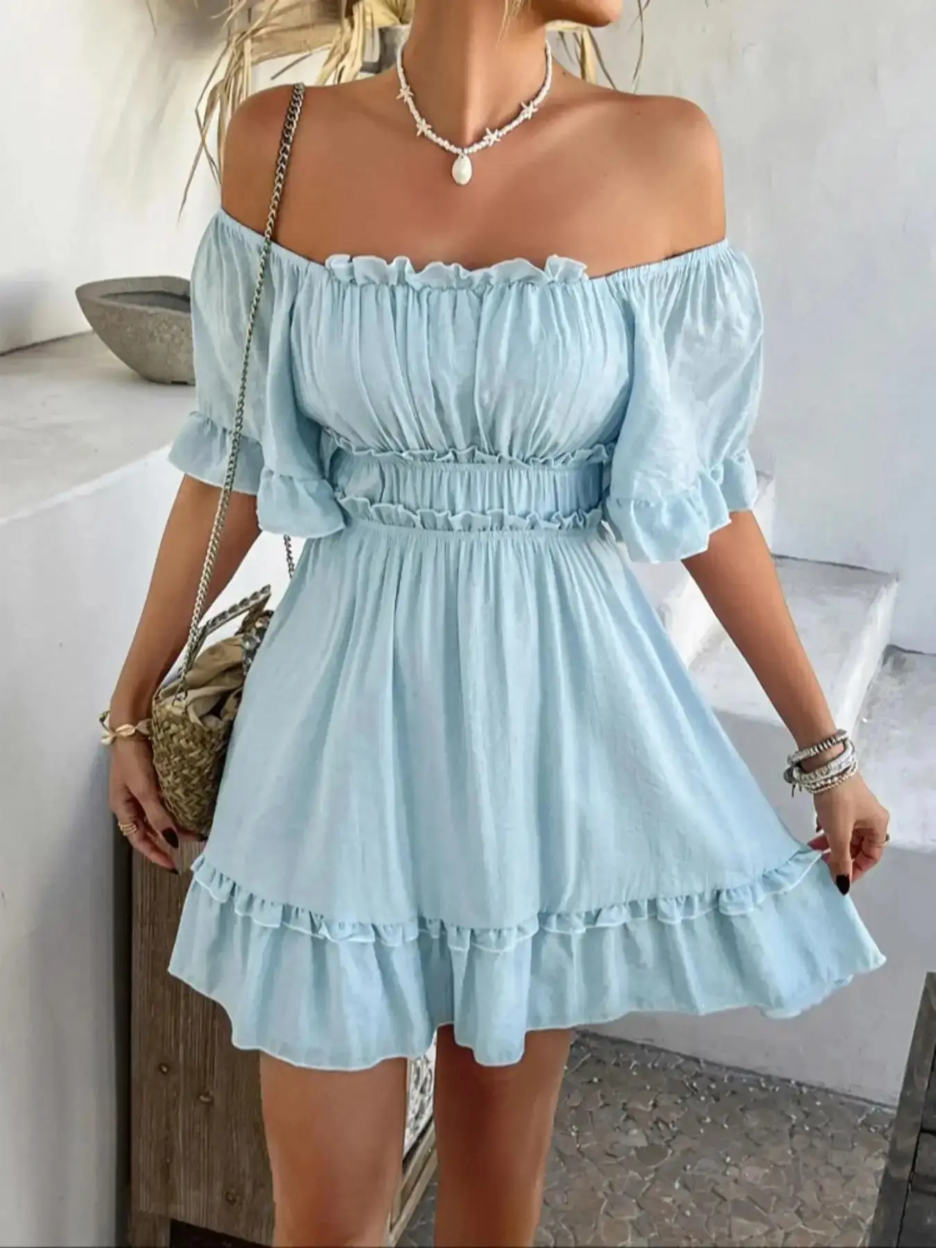 Women's Plain Dress, Casual Boho Ruffle Hem Chic Fashion Short Sleeve Casual Lightweight Dress for Summer, Ladies Clothes for Beach Holiday, Boho Styles, Shortsleeve Womenswear