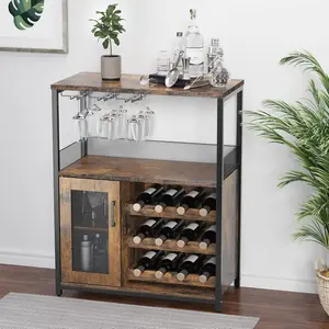 Multi-Functional Brown Wine Bar Rack Cabinet, Detachable Rack, Coffee Bar with Glass Holder, Small Sideboard and Buffet Cabinet with Mesh Door