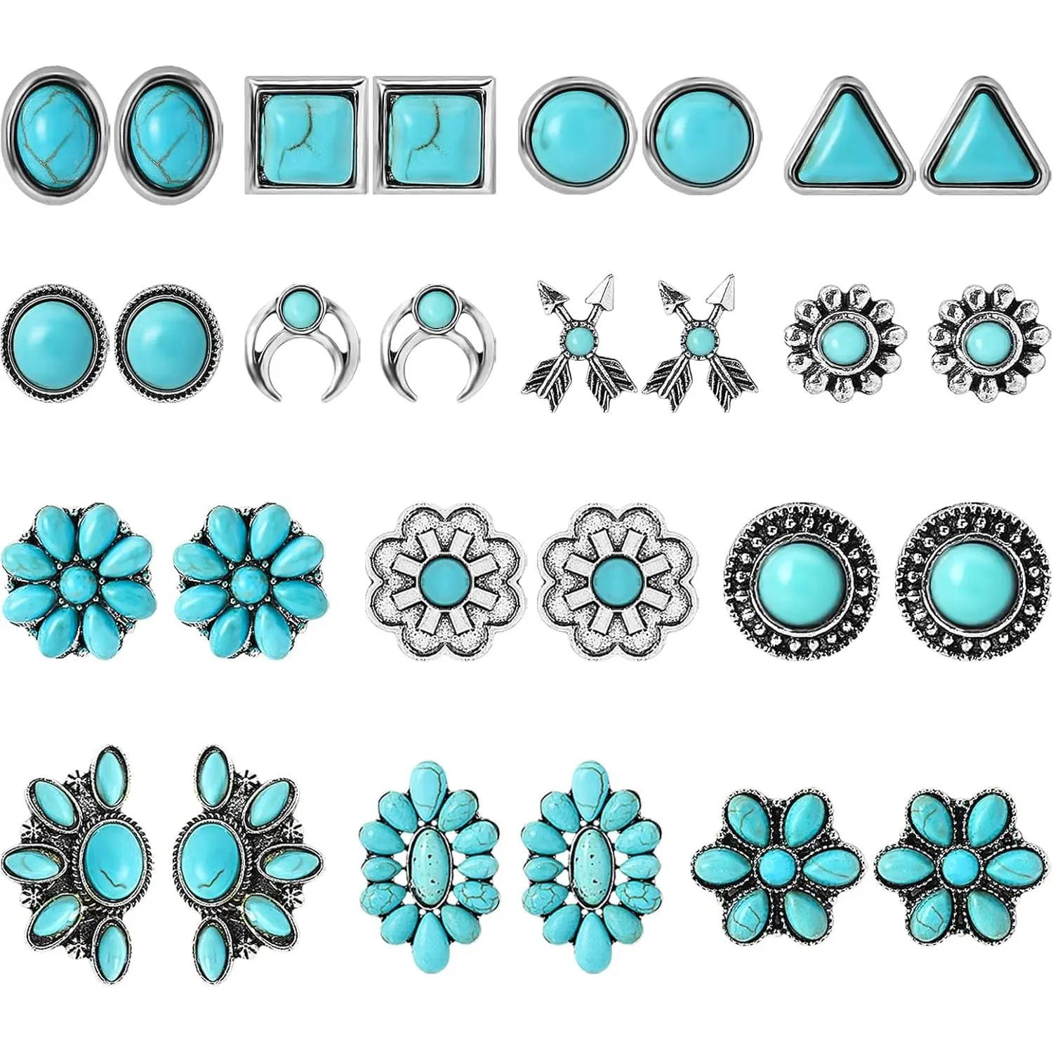 14 Pairs Turquoise Stud Earrings Set for Women, Fashionable Hypoallergenic Jewelry Gift with Assorted Oval, Round, Flower & Square Shapes, Stylish, Oval Stud Earrings, Square Stud Earrings