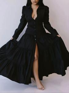plain button front ruffle hem split thigh vintage shirt dresses for women, elegant leg-of-mutton sleeve long dress for fall, dresses for women, formal dresses, women's casual wear fall clothing for vacation holiday wedding guest, prom dresses