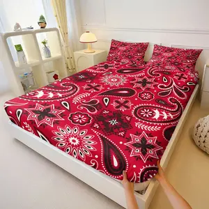 3PcsVibrant Red Paisley Printed Fitted Sheet Set, Soft Breathable Sheet, Ethnic Western-Inspired Black White Decorative Pattern Bedding Set, Intricate Star Cross Leaf Scroll Motifs, Symmetrical Repeating Design,Includes 2 Pillowcases, No Pillow Core