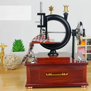 Vintage Hand-Stitched Sewing Machine Music Box, Complex Mechanical Design, Wooden Base, Perfect Gift for Home Office Decor