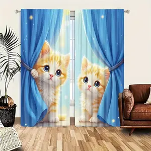2pcs Creative Cat Pattern Half-Blackout Curtains, Cute Cartoon Art Style, Suitable for Kitchen, Living Room, Bedroom, Bathroom, Game Room