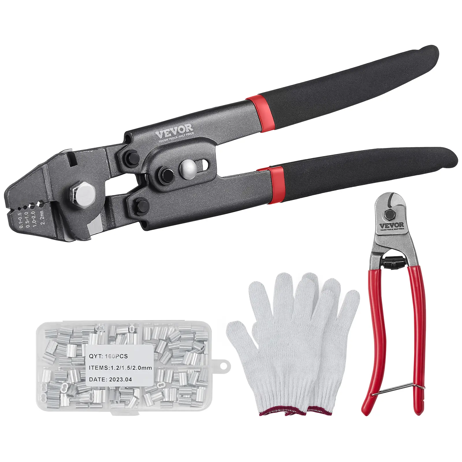 【DealsForYouDays】VEVOR Wire Rope Crimping Tool and Cutter Up To 2.2mm Wire Cable Crimps 1/64" - 3/32" Crimping Loop Sleeve Kit and 160pcs Aluminum BucklesFishing Crimping Tool Wire Rope Thimbles Kit