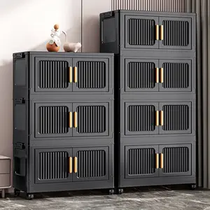 3/4/5-tier black folding storage cabinet, plastic stackable wardrobe storage rack, foldable storage bins with doors and casters, space-saving, tool-free assembly, plastic storage bins, suitable for homes, bedrooms, living rooms, offices, and dorm rooms