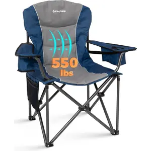 KingCamp Oversized Camping Chair with Adjustable Lumbar Support, 550lbs Heavy Duty Padded Folding Lawn Chair for Adults, Outdoor Armchair with Cooler Bag, Cup Holder & Side Pocket for Fishing, Travel