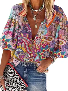 [Plus Size] All Over Paisley Floral Print Button Front Fitted Blouse, Going Out Tops, Boho Bohemian Bishop Sleeve Notched Neck Graphic Top for Spring & Fall, Women's Plus Clothes for Daily Wear, Casual Clothing, Womenswear, Shirts, Clothing