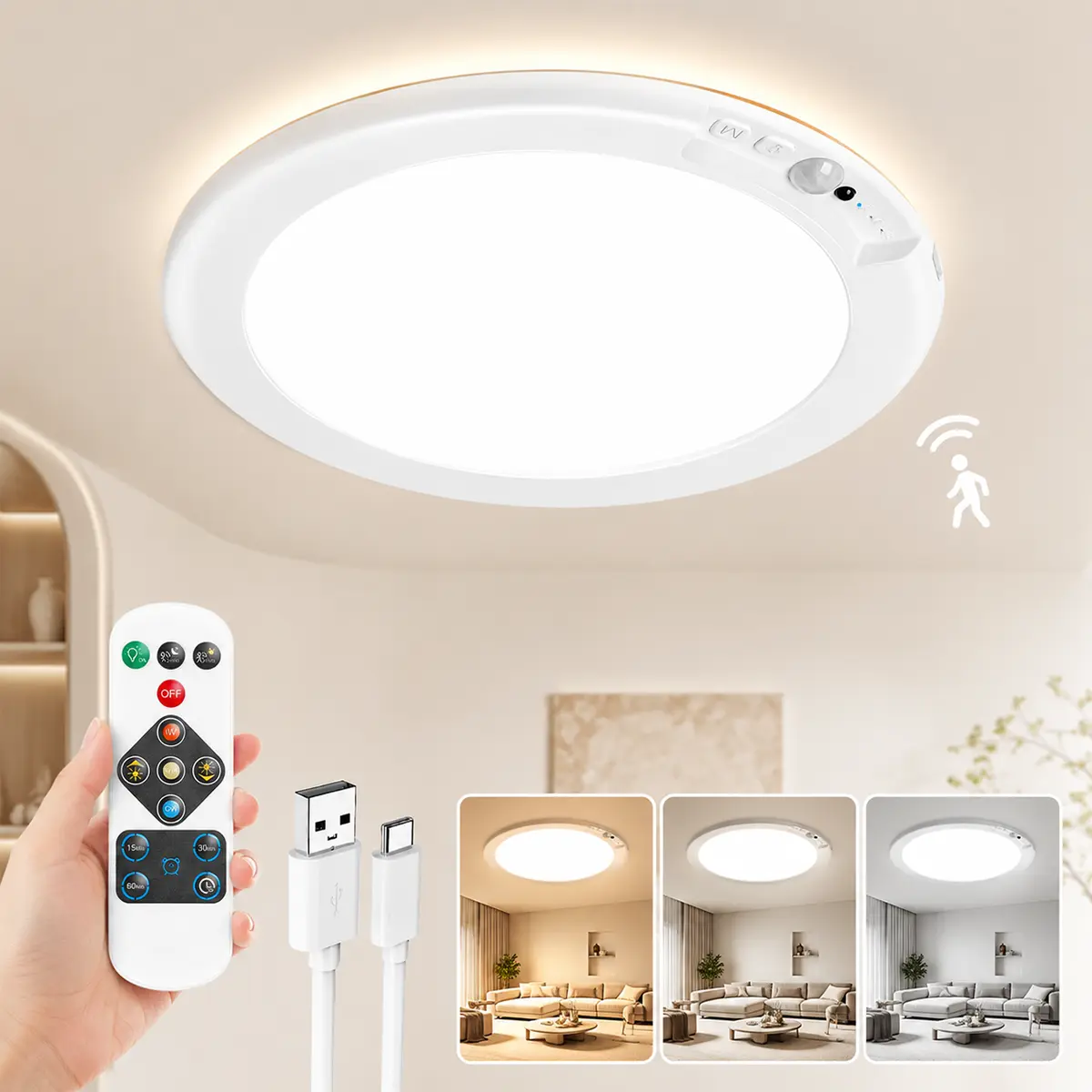 Rechargeable Motion Sensor Ceiling Light with Remote, Battery Operated Closet Light No Wiring, Wireless LED Shower Lights, 3 Colors Dimmable Indoor Overhead Lamp for Closet Shower Pantry Shed Hallway