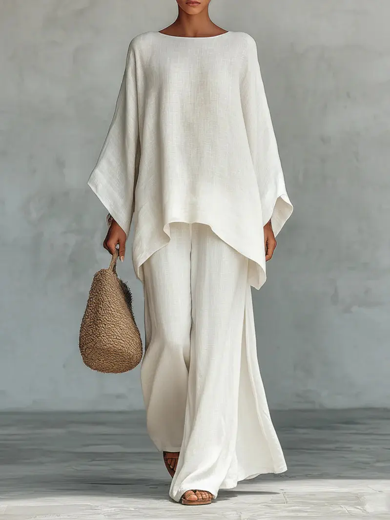 Women's 2-Piece Solid-Color Crew-Neck Pants & Top Set - Summer Relaxed Vacation Outfit, Loose Drop-Shoulder Irregular Long-Sleeve Top, Drapey Floor-Length Wide-Leg Pants
