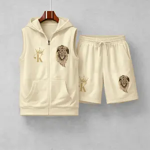 Men's King Lion Graphic Sleeveless Hoodie Shorts Set 2 Piece Outfit Crown K Lion Print Zip Up Hooded Vest Drawstring Shorts Summer Casual Gym Workout Streetwear Breathable Lightweight Athletic Lounge Set