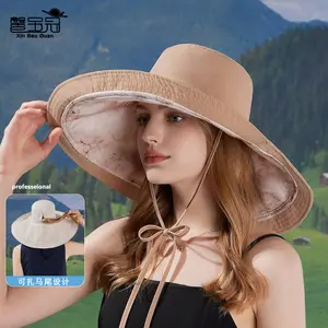 Wide Brim Sun Hat for Women, Spring and Summer Outdoor Sun Protection Hat, Chinese Style, Reversible, Ponytail Cap, Fisherman Hat