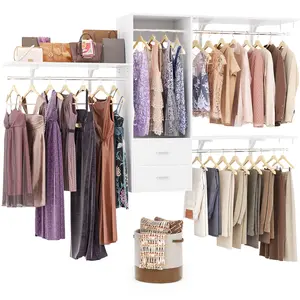 Homieasy 8FT Closet System with 3 Wing Shelves, 96'' Customizable Walk In Closet Organizer System with Drawers Hanging Rods, Wall Mounted Wood Clothes Garment Rack(Can Be Cut To Fit), White