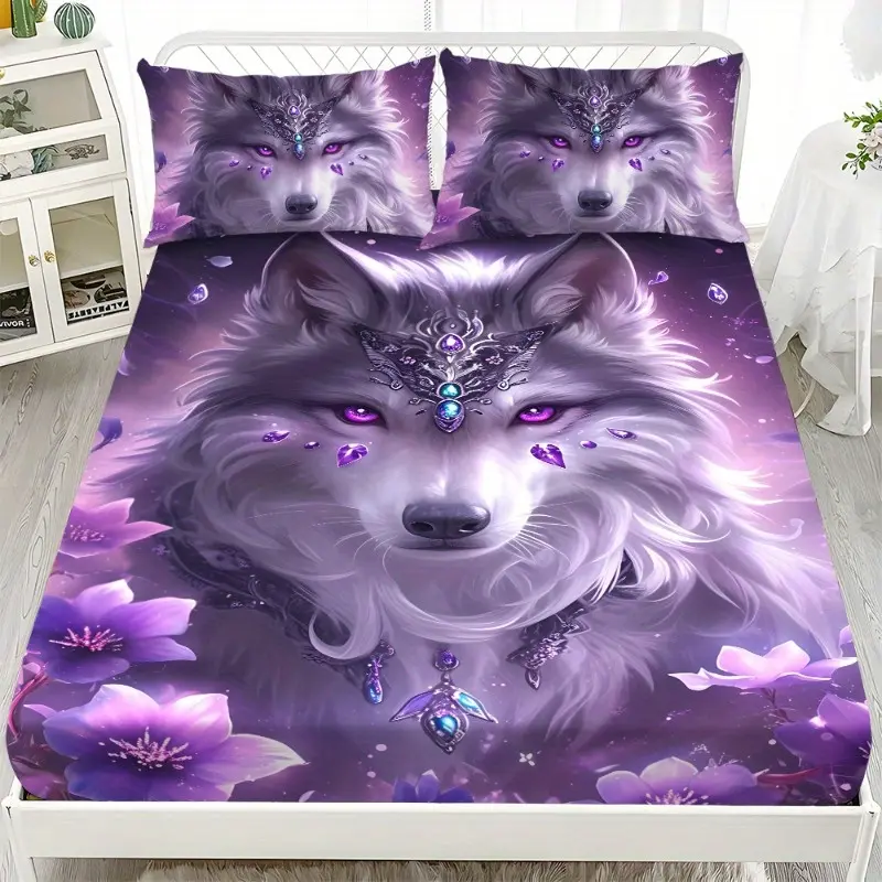 Purple Wolf Print 3-Piece Bed Sheet Set - 1 Fitted Sheet, 2 Pillowcases, Soft, Comfortable, Breathable, All-Season Home Use Bedding for Family Bedrooms