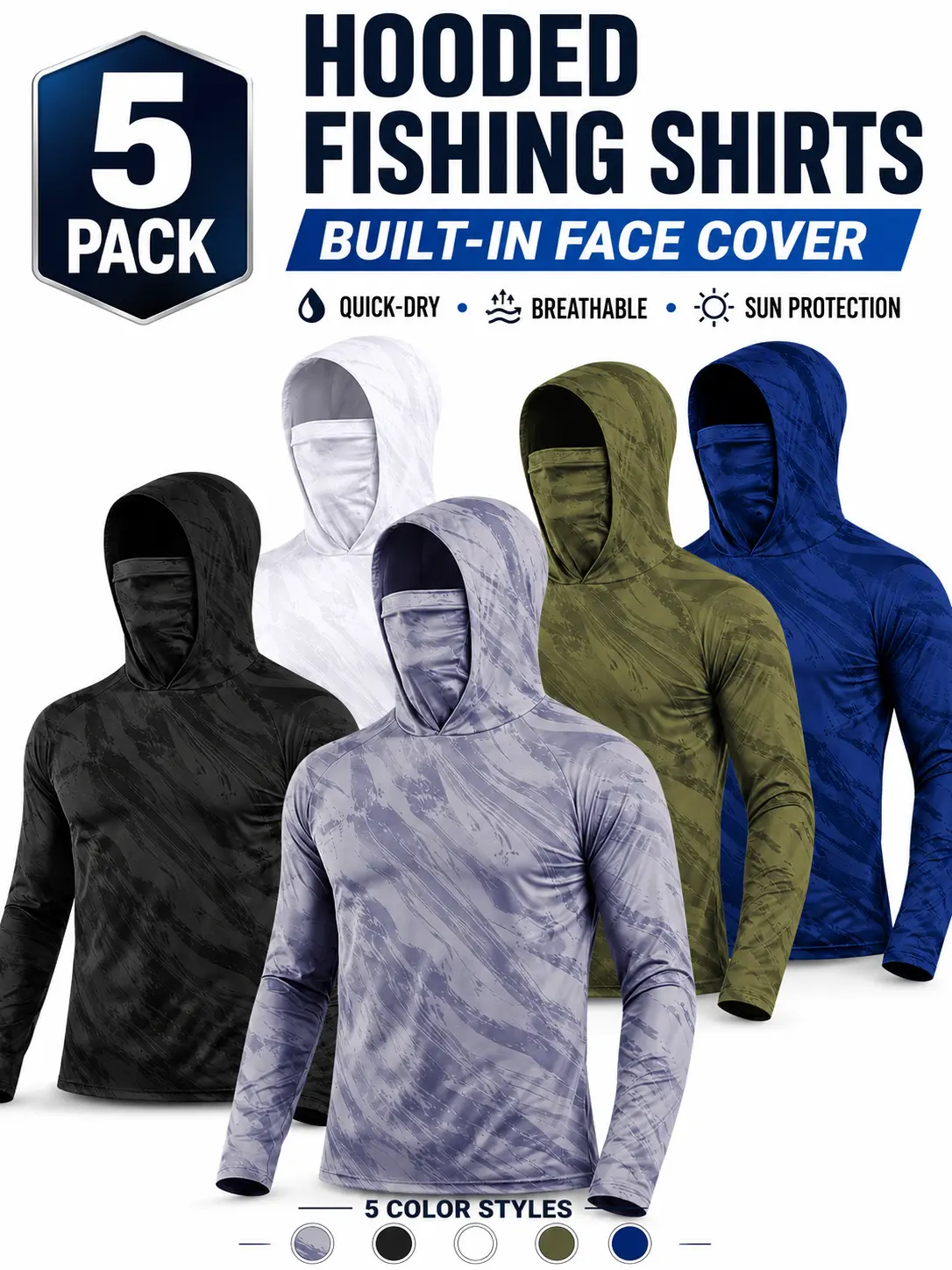 5-Piece Men's Quick-Dry Breathable Hoodies with Face Coverings Long-Sleeve T-Shirts - Spring/Fall Compression Sports Tops - Quick Dry Compression Fishing Shirts Long Sleeve Outdoor Work Tactical Hiking Gear Athletic Fashion summerwins Dry Fit Activewear D