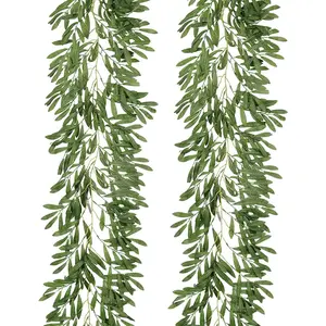 2 count Artificial Olive Leaves Garlands 6.2Ft-  Silk Willow Leave Ivy Vines Faux Bayberry Leaf Twigs Greenery Rattan for Indoor Outdoor Wedding Birthday Party  Garden Table Decor