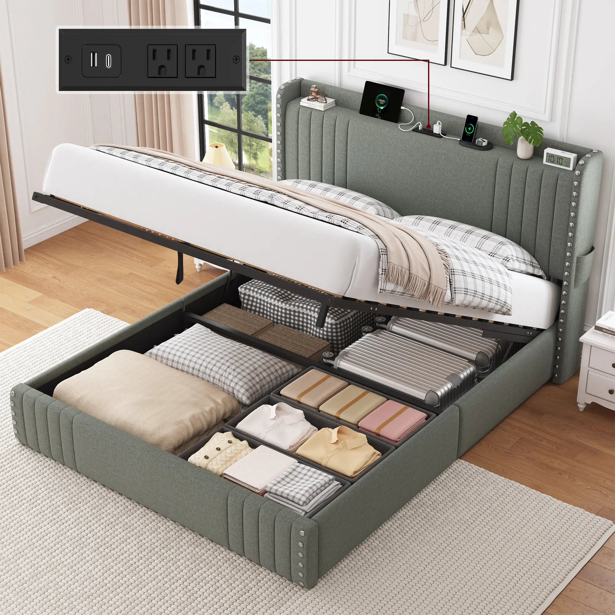 Trylazy Thrive Storage Bed Frame Modern Linen Upholstered Headboard Lift Up Storage Platform Bed Frame, Heavy Duty Gas Lift Support, No Box Spring Needed,Wood Slats Support, Full Queen Size,dorm essentials,home decor