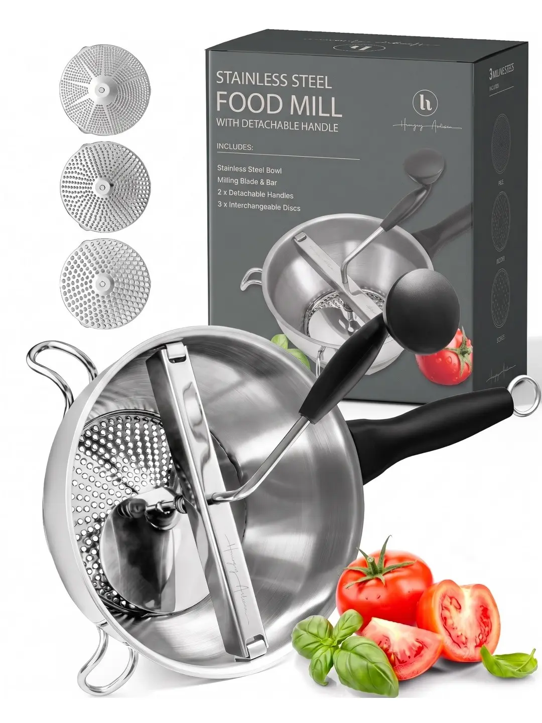 Hungry Artisan Sturdy Rust-resist Steel Food-Grade Hand Crank Mill - Compact, Detachable Handle, 3 Interchangeable Discs, High-Heat Safe, Easy to Use & Clean, Built to Last for Parents & Seniors, Grind Capable, Rock-Solid Stability, Interchangeable Disks