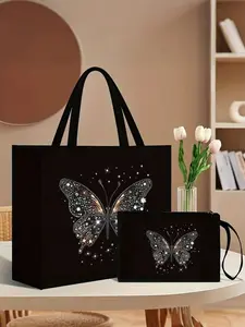 Butterfly Print Handbag Set, Durable Hemp Material, Fashion Design, Fashionable Handbag, Includes Coin Purse, Ideal for Shopping, Travel, Beach, Daily Use, Casual Handbag