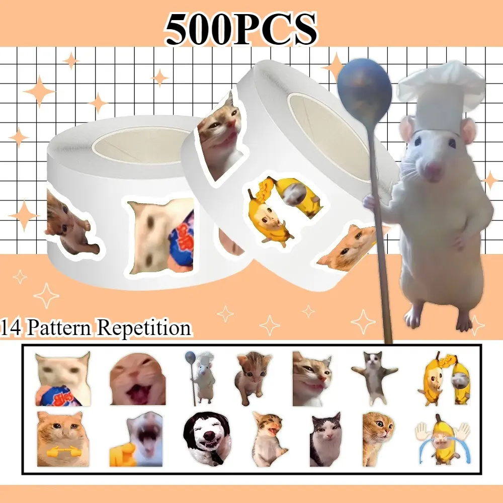 500 Stickers/roll Funny Cat Roll Sticker Series Cute Animal Stickers Sealing Stickers for Cups, Laptops, Suitcases, DIY Decorative Stickers, Birthday Gifts, Self Adhesive Stickers, Sticker Paper, Animal Scrapbook Decals