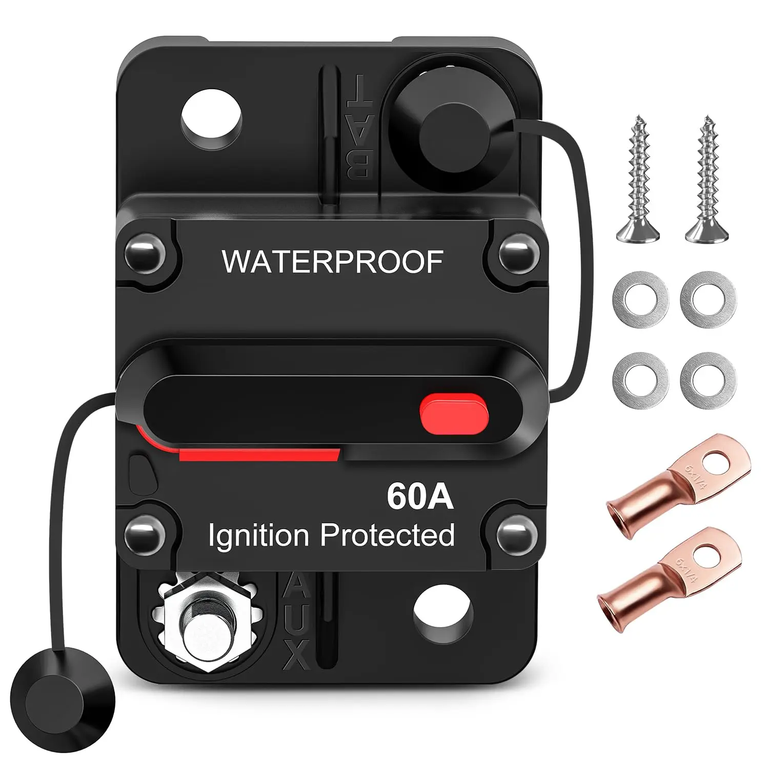 Nilight 60A Resettable Circuit Breaker Switch - 12-48V DC Manual Reset, Copper Wire Lugs, Surface Mount Protector for Car Audio Amplifier, RV - Overload Protection, Easy Install, 2-Year Warranty