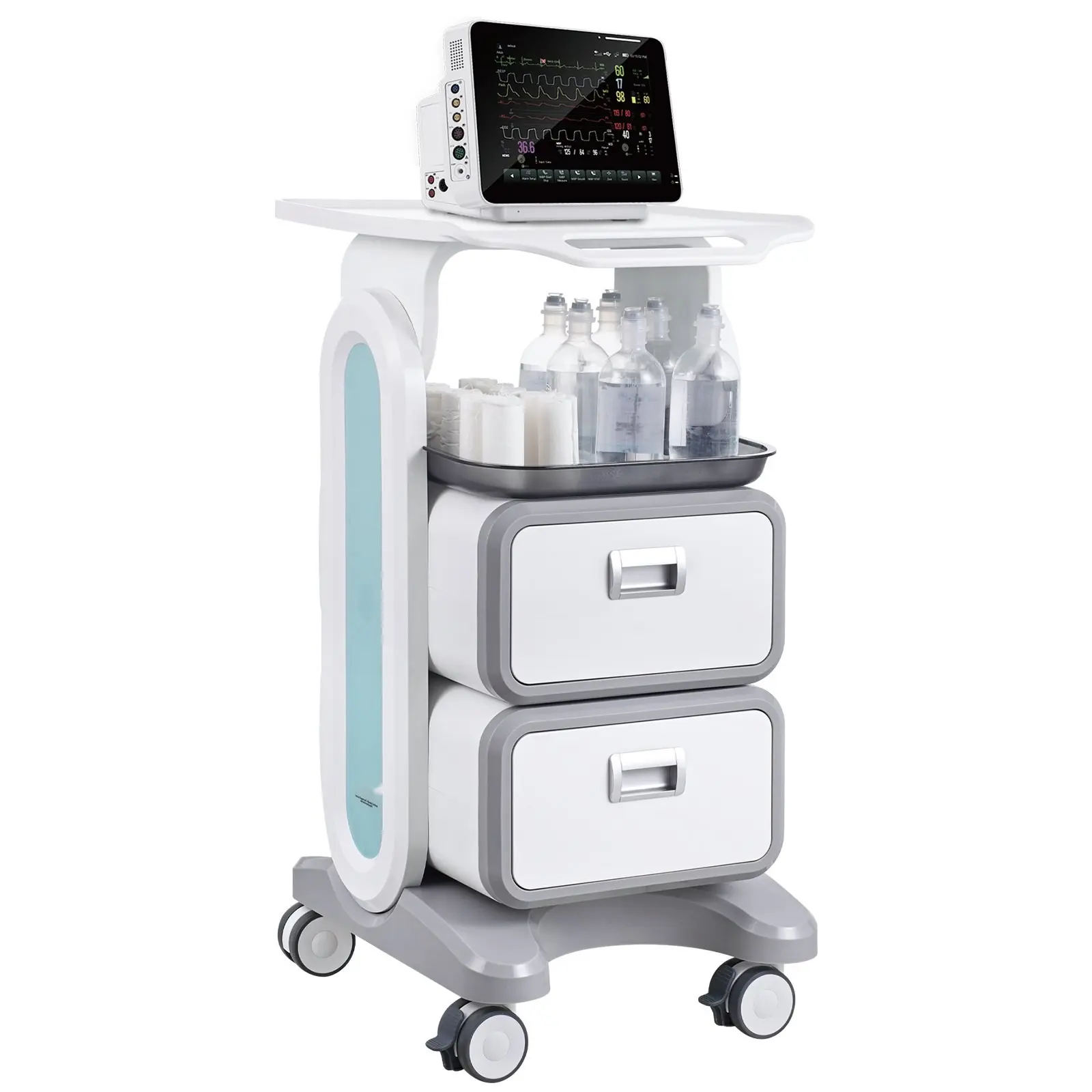 3 Tiers Lab Carts Mobile Medical Cart With 2 Drawers & 1 Top Tray White, Trolley Storage Cart With ABS Material, Lab Rolling Cart With 4 Silent Wheels For Lab, Clinic, Hospital, Salon, Office