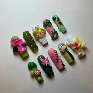 Click&Claws Fairycore Press On Nails 3D Caterpillar Mushroom Orchid Leaf Art Short Square Forestcore Fantasy Set Handcrafted Durable Solid