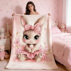 Cute Rabbit Flannel Blanket, Lightweight Sofa Throw, Suitable for Couch Bed Travel Camping, Soft Warm Digital Print Fabric