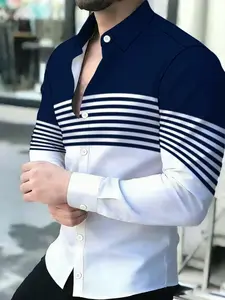 Men's Summer Navy Blue White Stripe Color Block Long Sleeve Striped Shirt