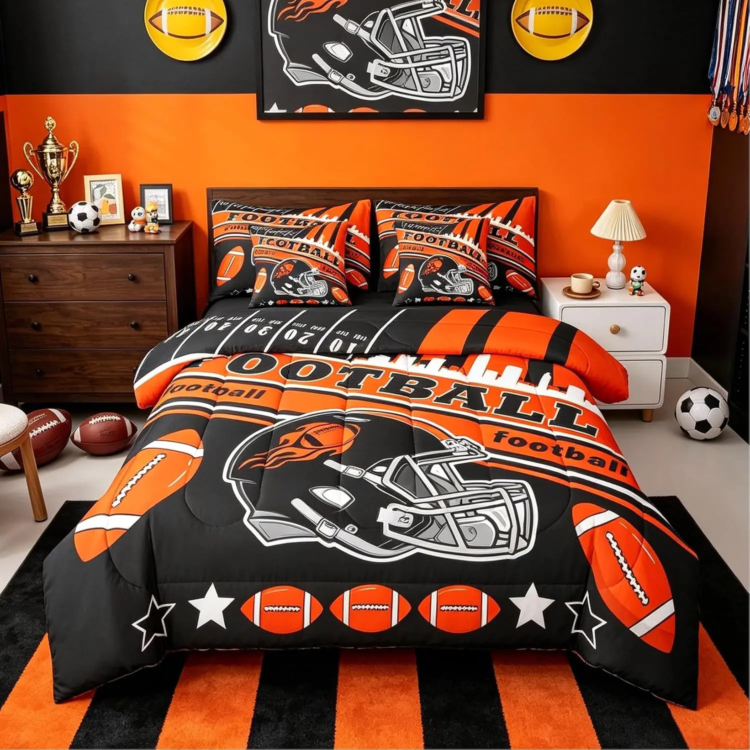 Football 7 Pieces Comforter Sets Rugby Sports Bedding Set Sports Theme Bed in a Bag with Comforter,Sheets,Pillowcases & Cushion Cover
