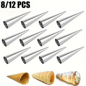 8/12pcs Stainless Steel Cream Cone Molds - Heavy-Duty 201 Baking Cones for Ice Cream, Croissants, Pastries, Waffles & Eclairs - Non-Stick Spiral Pastry Tubes, Commercial/ Kitchen Use (Durable Pastry Tools)