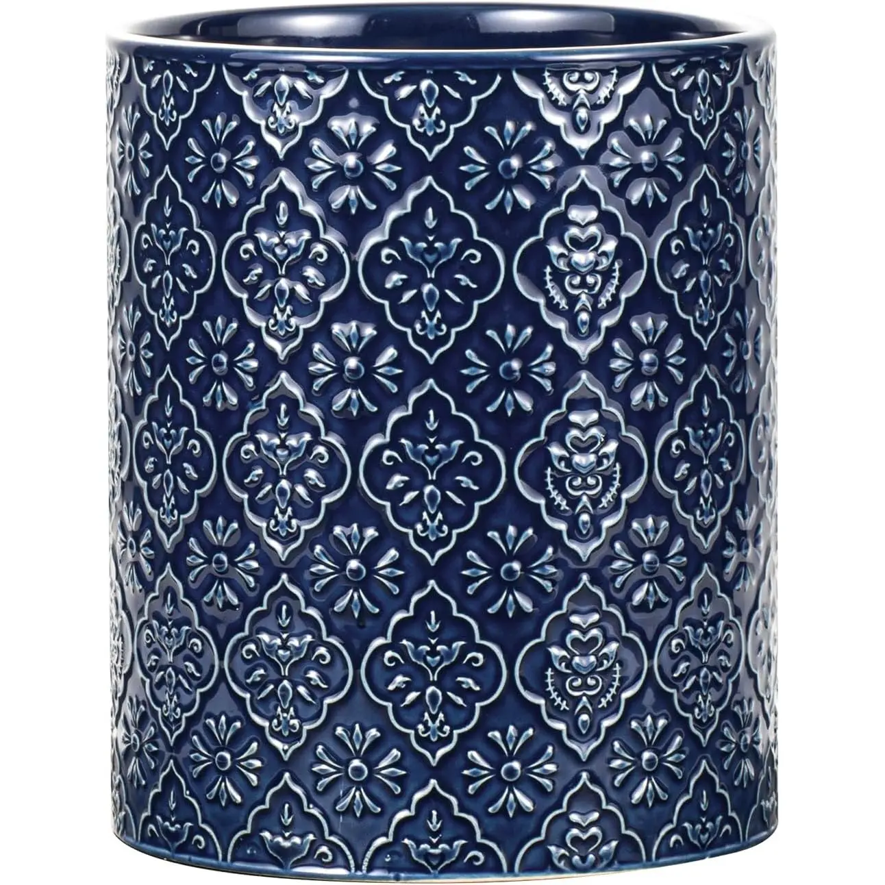 Kitchen Utensil Holder, 6x7 inch Large Ceramic Utensil Holder with Embossed Pattern, Cooking Utensil Crocks for Kitchen Countertop, Home Decor, Blue