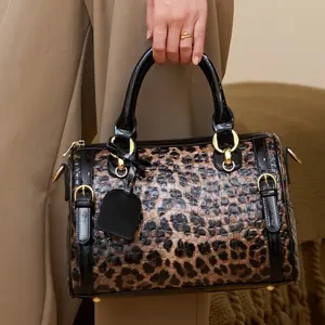 genuine leather women bag large capacity boston bag shoulder bag leopard print handbag pillow bag