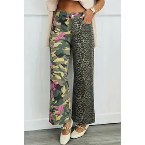 Multicolour Abstract Camouflage Print Contrast Leopard Patchwork Straight Leg Jeans