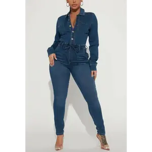 Denim Single-Breasted Tie-Waist Skinny Jumpsuit