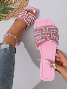 Rhinestone Flat Slide Sandals Open Toe Sparkly Slip On Beach Slippers