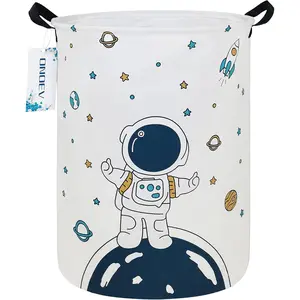 Round Fabric Storage Bin Decorative Organizer Basket with Handles for Clothes Books and Sundries Storage (Star astronaut) 19.7inch(H) x 15.7inch(D)